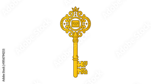 Golden ornate key with treasure chest symbol and crown