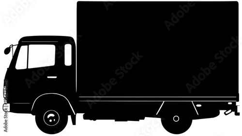 A flatbed truck silhouette, showcasing the cab and enclosed cargo area in crisp, bold black