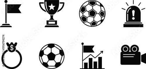 Black sports trophy, soccer ball, flag, emergency alert, finance money bag, progress chart, video camera icons, competition achievement analysis illustration vector