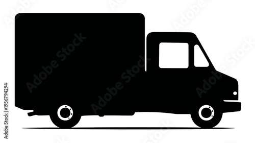 Black delivery truck silhouette with a cargo box, windows, and wheels on a white background