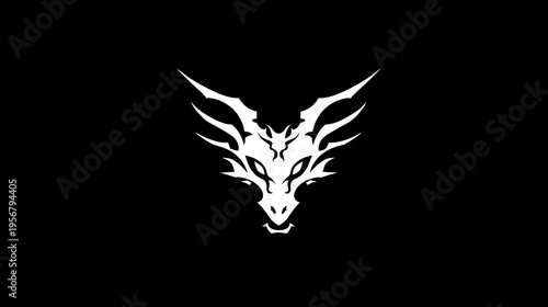 A white tribal dragon head design with sharp lines and intricate details on a stark black background