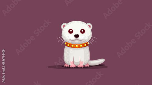 Adorable cartoon mammal with white fur, rosy paws, and a jeweled collar, on a purple background
