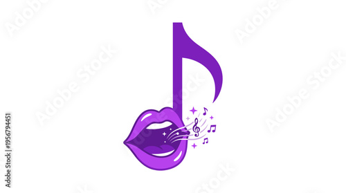 Purple lips singing a musical note with sparkling sound waves