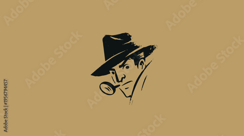 A classic detective illustration in black ink on a tan background, pipe, fedora and all