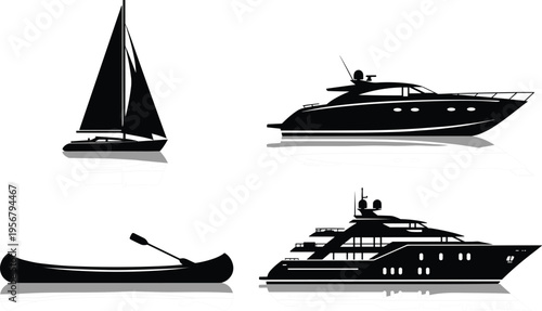 Boat silhouettes collection, sailboat, motor yacht, canoe with paddle, luxury yacht reflection, nautical vector illustration, marine transport design, watercraft comparison graphic