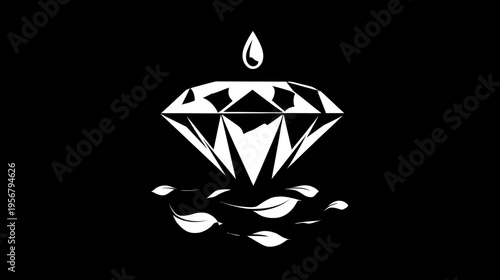 Black and white illustration of a diamond with a drop above and leaves below