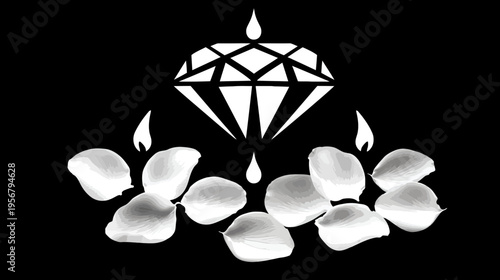 A geometric diamond with liquid droplets, candle flames, and a circle of flower petals on a black backdrop