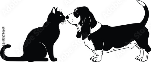 Cat and dog silhouettes facing each other, basset hound illustration, curious animal interaction vector, pet relationship design, interspecies connection graphic