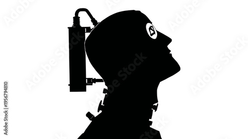 Black silhouette of a human head with attached equipment, looking upward