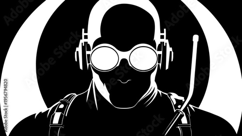 A stark white graphic of a person in goggles and headphones, with a circular background