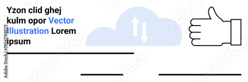 Data sharing, cloud computing, online storage, networking, approval, digital communication. A blue cloud with arrows and a thumbs-up icon. Cloud computing and data sharing