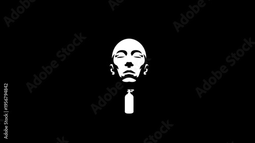 A stark, minimalist depiction of a face with closed eyes above a cylindrical medical device