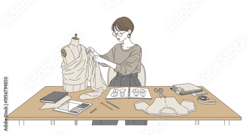 Illustration of a woman working on a dress pattern with a mannequin, surrounded by design tools and fabric on a large wooden table in a creative workspace.