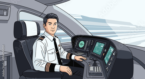 Illustration of a smiling pilot sitting in the cockpit of an airplane with a modern control panel and a sunny sky outside.