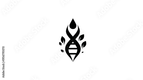 Black and white logo featuring a stylized DNA helix, teardrop, and leaves