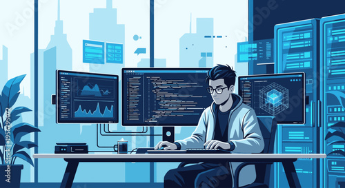 Illustration of a focused young man working on computers with coding screens in a modern office with a cityscape background and a blue color scheme.