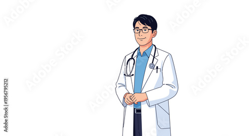 Illustration of a male doctor wearing a white coat and stethoscope standing with arms crossed against a plain white background.