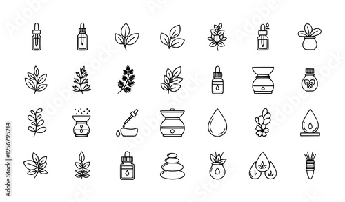 Essential oils outline icon set with aromatherapy bottles leaves diffuser and wellness symbols for web and app design