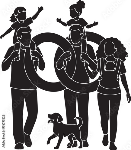 A silhouette of a diverse modern family, with parents carrying children, a child in a carrier, and a dog, walking, symbolizing unity.