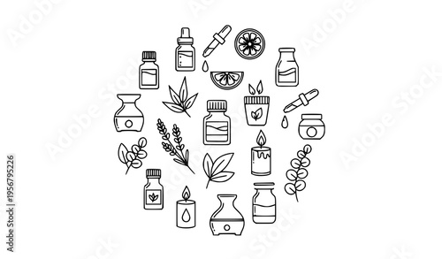 Aromatherapy essential oils outline icons in circular layout with bottles plants diffuser and spa elements