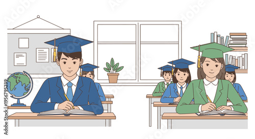 Illustration of students wearing graduation caps sitting at desks in a classroom with a globe and books on shelves in a bright and educational mood.