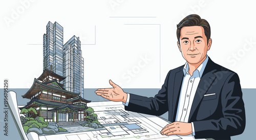 A man in a business suit presents a building design on a large sheet of paper with a traditional Japanese temple and modern skyscrapers in the background, conveying a professional and
