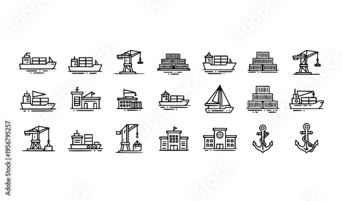 Minimal marine port vector icons with ships cranes containers and harbor symbols for UI design