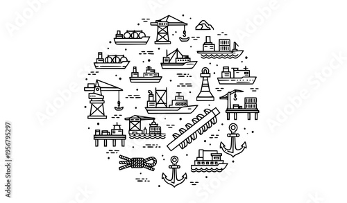 Marine port outline icons in circular layout with ships cranes docks and maritime logistics elements