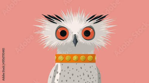 Digital illustration of an owl with elaborate details, golden collar, and bold, striking appearance