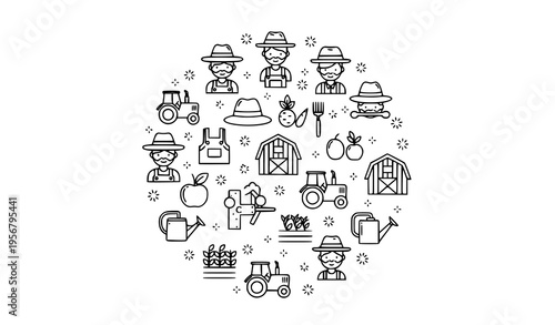 Farmer agriculture outline icons in circular layout with tractor crops tools and rural farming elements