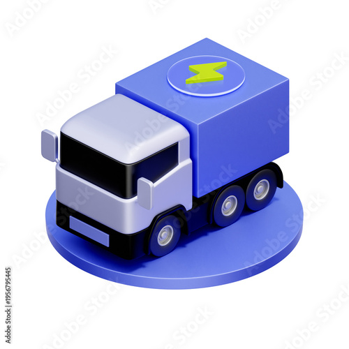 3D illustration of delivery truck with lightning bolt symbol for green logistics. Used in eco-friendly shipping apps, sustainable supply chain features, fleet management dashboards.