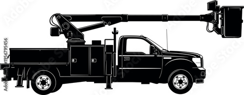 Utility bucket truck silhouette with extended hydraulic boom lift platform, service maintenance vehicle concept for construction, electric repair work, isolated vector illustration design
