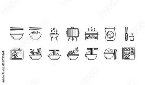 Minimal Korean cuisine vector icons with food dishes chopsticks BBQ grill and traditional meal symbols for UI design
