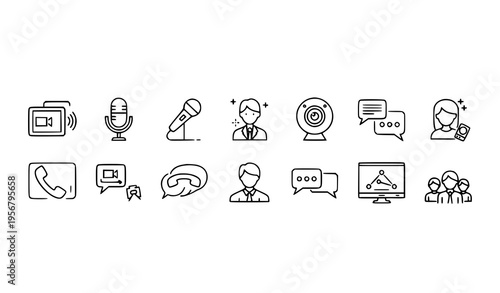 Minimal online meeting vector icons with video call chat microphone and remote work symbols for UI design