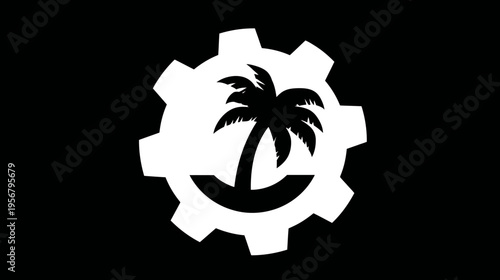 A simple, black and white logo featuring a palm tree set within a gear shape