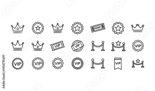 Minimal VIP vector icons with premium badges crown tickets and exclusive access symbols for UI design