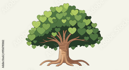 Tree with green leaves and roots.