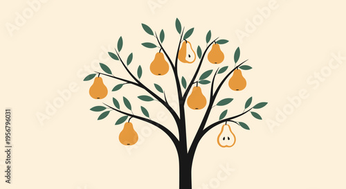 Tree with Pears and Leaves Illustration.