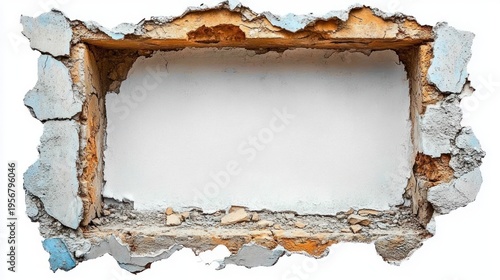 Rectangular hole in a crumbling plaster wall revealing exposed brick, rubble and raw weathered texture with an abandoned, neglected feeling