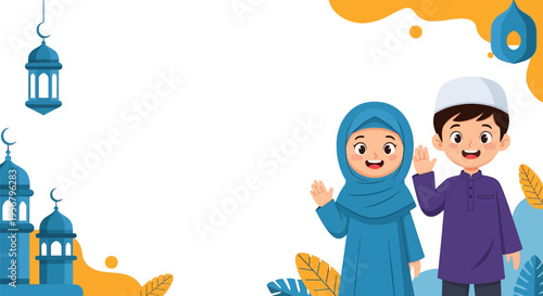 Happy Muslim children waving, celebrating Eid or Ramadan, with mosque and lanterns. Islamic culture illustration with copy space for greetings and events.