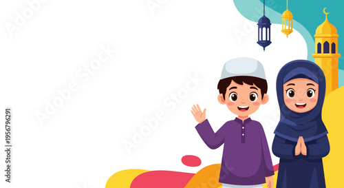 Cheerful Muslim boy and girl cartoon illustration for Eid al-Fitr, Ramadan Kareem, or Islamic greeting card banner with mosque and lanterns. Copy space.
