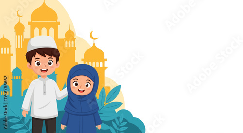 Cheerful Muslim children, a boy in kufi and a girl in hijab, smiling with mosque background. Vibrant cartoon illustration for Islamic holidays, Eid al-Fitr, and Ramadan.