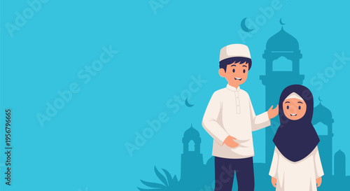 Happy Muslim children celebrating Eid or Ramadan, a boy and girl in traditional attire with mosque background, illustrating Islamic culture and family joy.