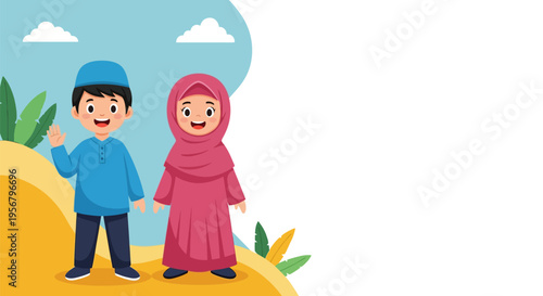 Happy cartoon Muslim children, a boy in kufi and a girl in hijab, standing cheerfully with copy space. Ideal for Islamic education, Eid, and cultural themes.
