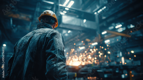 Industrial worker factory welding sparks hard hat safety gear metal engineering industry machinery steel construction manufacturing workshop.