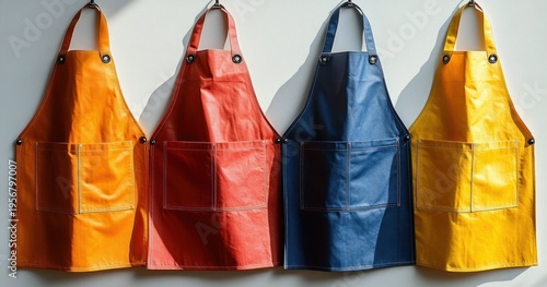 Four vibrant aprons in orange, red, blue and yellow hanging on a white wall with sunlight casting long shadows, cheerful and orderly display