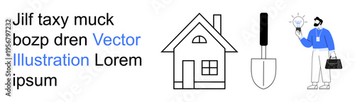 Real estate, gardening, innovation, home improvement, business strategy, creativity. A house, shovel and man holding a lightbulb. Real estate and creativity conceptual visuals