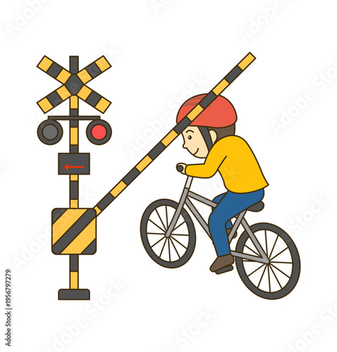 遮断機が下りた踏切に侵入する自転車 交通違反イラスト