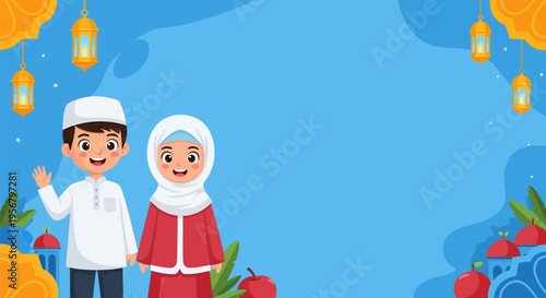 Cute cartoon Muslim children waving, celebrating Eid or Ramadan, with traditional lanterns and mosque elements on a blue background. Islamic holiday greeting card illustration.
