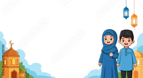 Muslim Children in Traditional Islamic Clothing with Mosques and Lanterns, Celebrating Culture and Faith